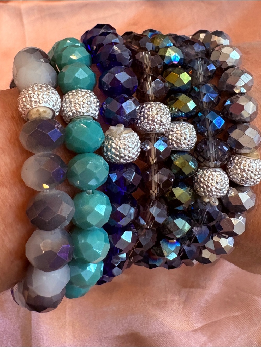 Faceted Bead Stretch Bracelet Set in Teal, Navy & Charcoal